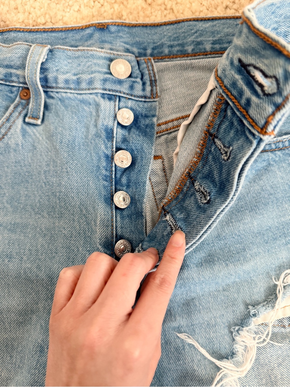 Levi's Light Blue Distressed Denim Cutoff Cotton Shorts - Picture 3 of 6